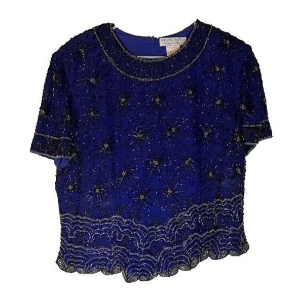 Vtg Adrianna Papell Silk Beaded Top L Royal Blue Silver Black Floral Gatsby Glam - Picture 2 of 9